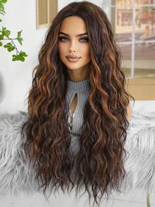 Tóc giả tổng hợp dài 28 inch, kiểu gợn sóng, không có mái: Ngoại hình tự nhiên, chịu nhiệt, phù hợp cho các bữa tiệc, cosplay và sử dụng hàng ngày. - Màu nâu highlight - Xem 5