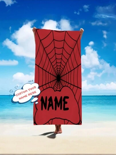 1pc Of Creatively Designed High-Quality Red Spider Web Customizable Name, Ultra-Soft Beach Towel, Perfect For Gifting To Beloved Family And Friends, Super Lightweight And Thin, Quick-Drying Beach Towel, For Valentine's Day, For Anniversaries, For Weddings, For Ren's Day, For Birthdays, For Father's Day, For Graduation, For Housewarming Summer Holiday Bathroom Decor Beach Essentials