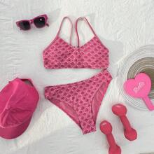 2026 New Women's Swimsuit With Rose Red Print, Sweet Style, Thin Shoulder Strap And Bikini Two Pieces Set Vacation Outfits Woman - Hot Pink - View 2