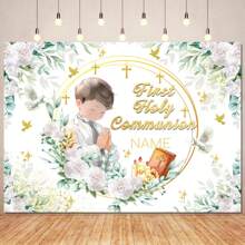Customizable Name Flowers My First Baptism Gold Chalice Cross Bible Design Background Personalized Name Baptism Design Christening Party Cake Smash Decoration Banner Portrait Photography Props Vinyls - Multicolor - View 4