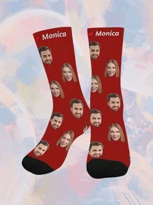 1 par de calcetines personalizados con foto de rostro impresa hasta el tobillo para mujeres, personalización para pareja, calcetines largos divertidos con impresión personalizada para el Día de San Valentín, cumpleaños u otras ocasiones