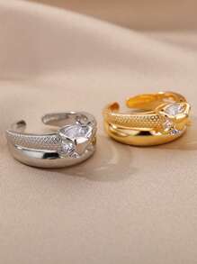 1PC Zirconia Heart Open Rings For Women Lover Gold Color Stainless Steel Heart Ring Female Finger Waterproof Engagement Wedding Jewelry Gift - Multicolor - View 6