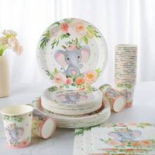 Juego de vajilla desechable con flores rojas y elefantes, platos de 7/9 pulgadas, servilletas, vasos, regalos y suministros para fiestas de cumpleaños, platos de papel desechables, servilletas, vasos, apropiado para decoraciones de fiestas con temática de cumpleaños