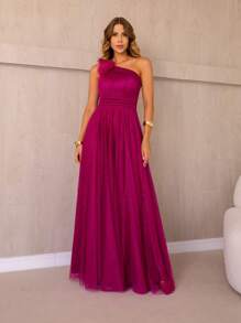 Women's Long Dress Flower One Shoulder Sleeveless Tulle Skirt Shiny Party Fashion Prom - 玫瑰紅 - 查看 1