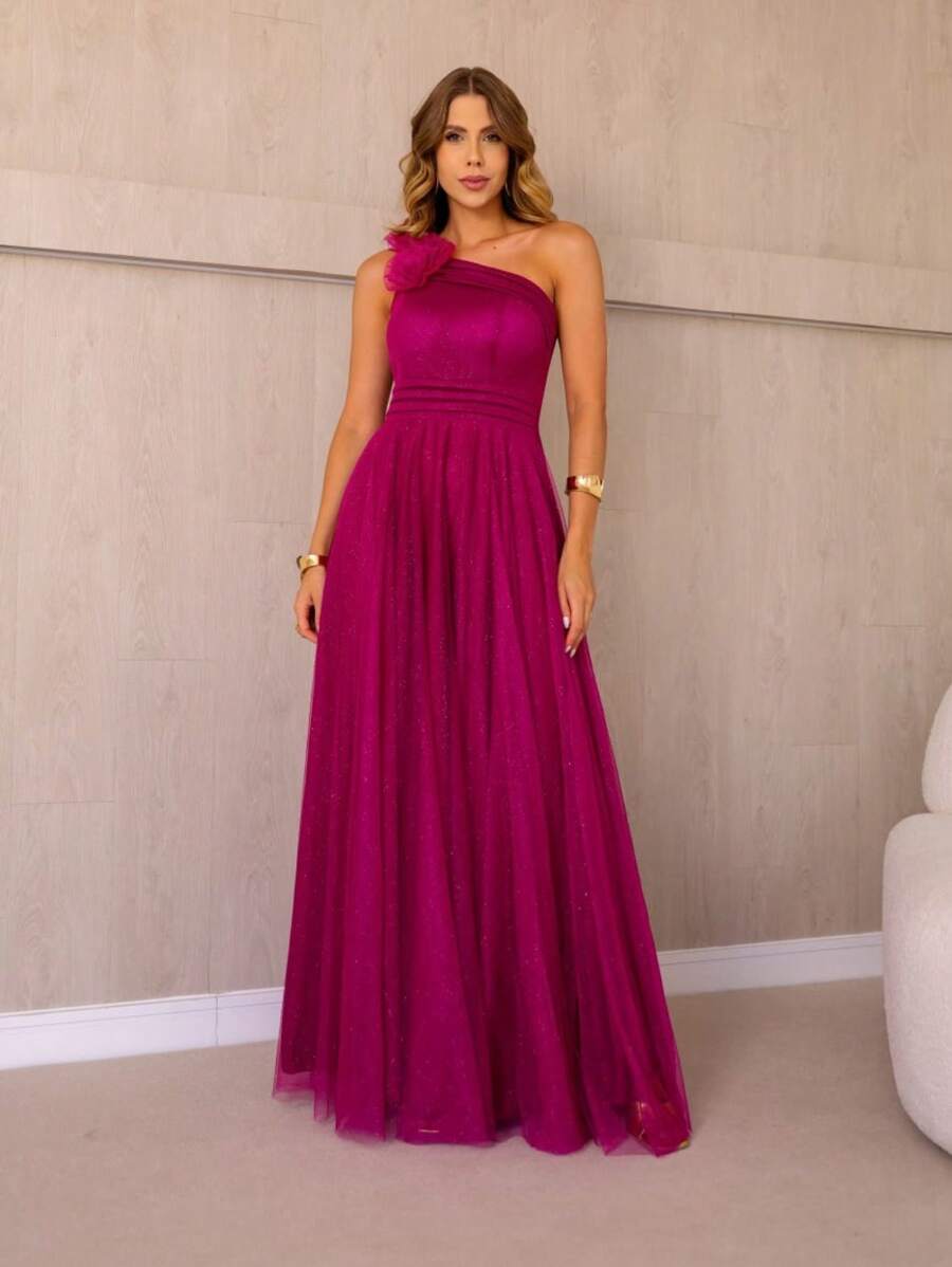 Women's Long Dress Flower One Shoulder Sleeveless Tulle Skirt Shiny Party Fashion Prom - 玫瑰紅 - 查看 1