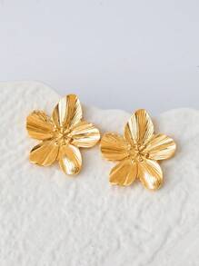 1 Pair Vintage French Style Exaggerated Floral Design Earrings, Suitable For Daily Wear - Gold - View 2