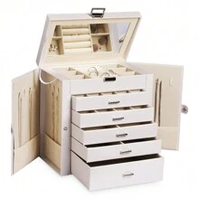 Hộp đựng trang sức lớn Frebeauty, Hộp đựng trang sức bằng da PU 6 tầng, Hộp đựng đa năng có gương, Giá đựng phụ kiện có 5 ngăn kéo đựng vòng cổ, vòng tay, đồng hồ, đồ lưu trữ khi quay lại trường học - trắng - Xem 1