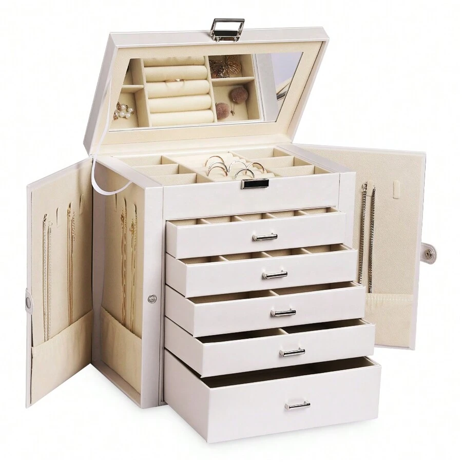 Hộp đựng trang sức lớn Frebeauty, Hộp đựng trang sức bằng da PU 6 tầng, Hộp đựng đa năng có gương, Giá đựng phụ kiện có 5 ngăn kéo đựng vòng cổ, vòng tay, đồng hồ, đồ lưu trữ khi quay lại trường học - trắng - Xem 1
