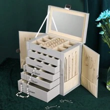 Frebeauty 大号珠宝盒，6 层 PU 皮革珠宝收纳盒，带镜子的多功能收纳盒，带 5 个抽屉的配件架，可收纳项链、手链、手表等，适合返校宿舍收纳 - 灰色 - 查看 6