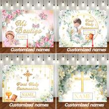 Customizable Name Flowers My First Baptism Gold Chalice Cross Bible Design Background Personalized Name Baptism Design Christening Party Cake Smash Decoration Banner Portrait Photography Props Vinyls - Multicolor - View 1