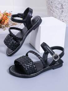1 Paar schlichte schwarze Sandalen für Kleinkind/Kinder, PU Geflecht-Riemen mit Metallschnalle und offenem Zehendesign, rutschfest, modisch und niedlich im Römerstil, geeignet für Schüler von 3-15 Jahren für den täglichen, lässigen oder Partygebrauch, Frühling/Sommer 2025