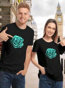 Lovers' Turquoise Rose Art Print T-Shirt For Women - Couple Tees Romantic Shirts Matching Tops
