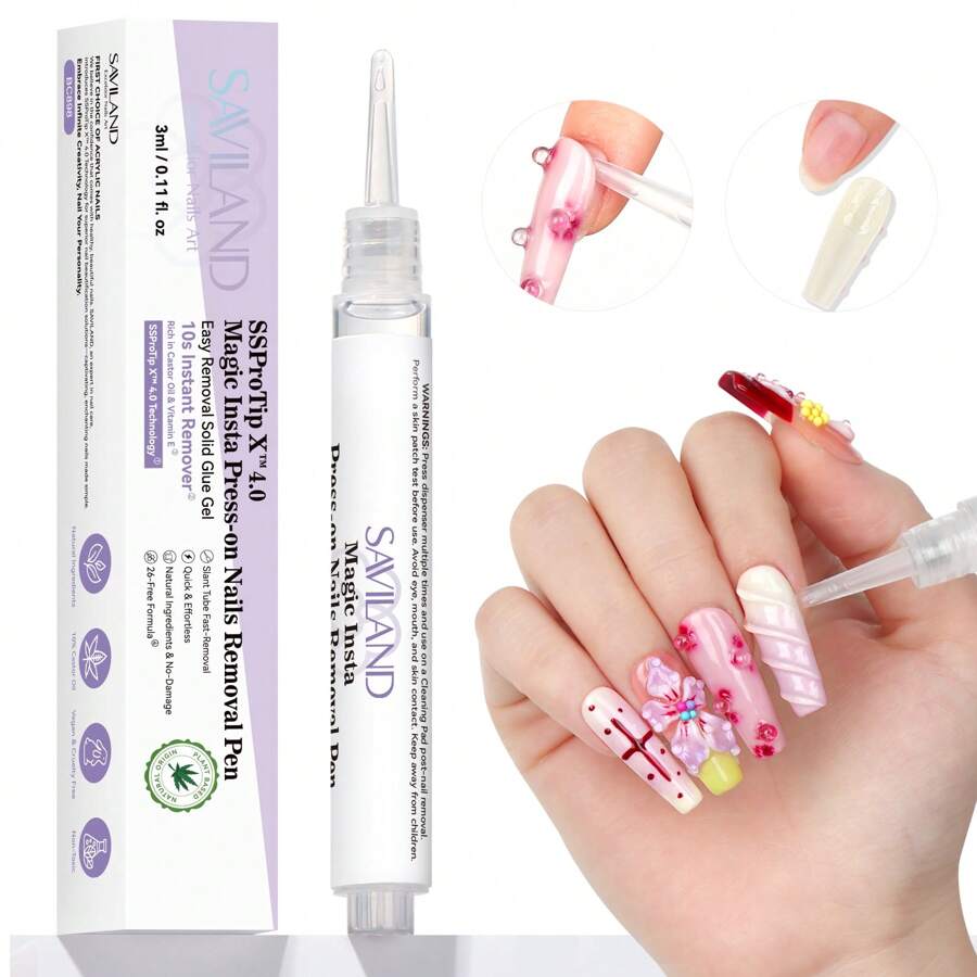 SAVILAND Nail Glue Remover Pen: 10S Quick Removal Gel Remover For Nails With Vitamin E Natural Ingredients Press On Nails Remover For Artificial Nails Solid Glue Gel Removal