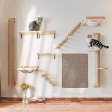 Katzen-Kletterwand, 4 Etagen Katzen-Treppewand, Katzenleiter, Katzenmöbel, aus Massivholz und Juteseil, für Katze Klettern/Spielen/Faulenzen - Holzfarbe - Übersicht 1