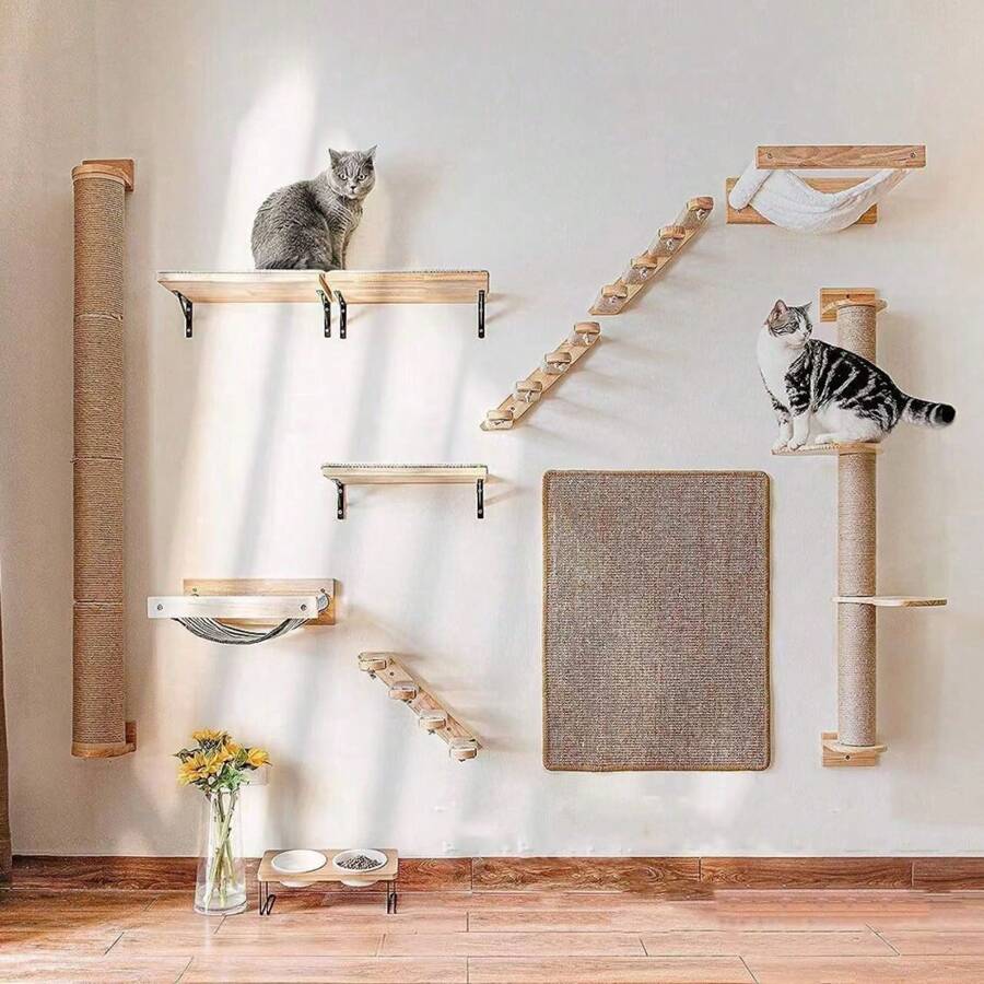 Katzen-Kletterwand, 4 Etagen Katzen-Treppewand, Katzenleiter, Katzenmöbel, aus Massivholz und Juteseil, für Katze Klettern/Spielen/Faulenzen - Holzfarbe - Übersicht 1