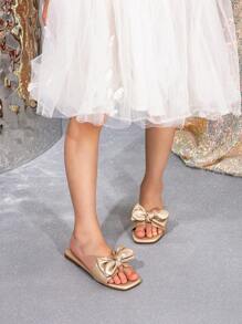 1 双时尚蝴蝶结装饰编织女童拖鞋 - 金色 - 查看 3
