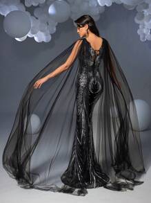 Faeriesty 优雅迷人的图案亮片斗篷袖美人鱼下摆正式派对礼服、晚礼服、长裙和闪光连衣裙 - 黑色 - 查看 2