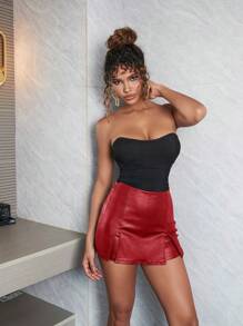 Apperloth A Rave Punk Pink High Waist Stretchy Split Hem PU Leather Clubwear Skinny Mini Skort - Red - View 4