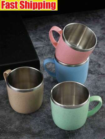 1PC 304 Stainless Steel Mug, Wheat Straw Element Small Mug, Household Anti-Scald And Anti-Drop Drinking Mug, Coffee Mug With Handle, Stainless Steel Coffee Mug, Double Layer Vacuum Travel Coffee Mug For Juice, Milk, Milk Tea And Flower Tea, 220ml,Teacher Appreciation Gifts, Mugs, Travel, Summer Essentials, Mother's Day Gifts, Teacher's Day Gifts,Stainless Steel Double-Layer Insulated Handle Milk Coffee Breakfast Cup