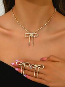 时尚简约蝴蝶结项链和耳环套装，女士婚礼首饰，优雅闪亮派对和节日礼物