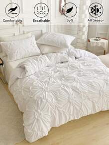2/3 pièces Ensemble de housse de couette à motif floral plissé blanc en polyester, style minimaliste moderne. Ensemble de housse de couette et taie d'oreiller convenant à toutes les saisons (1 housse de couette + 1/2 taies d'oreiller)
