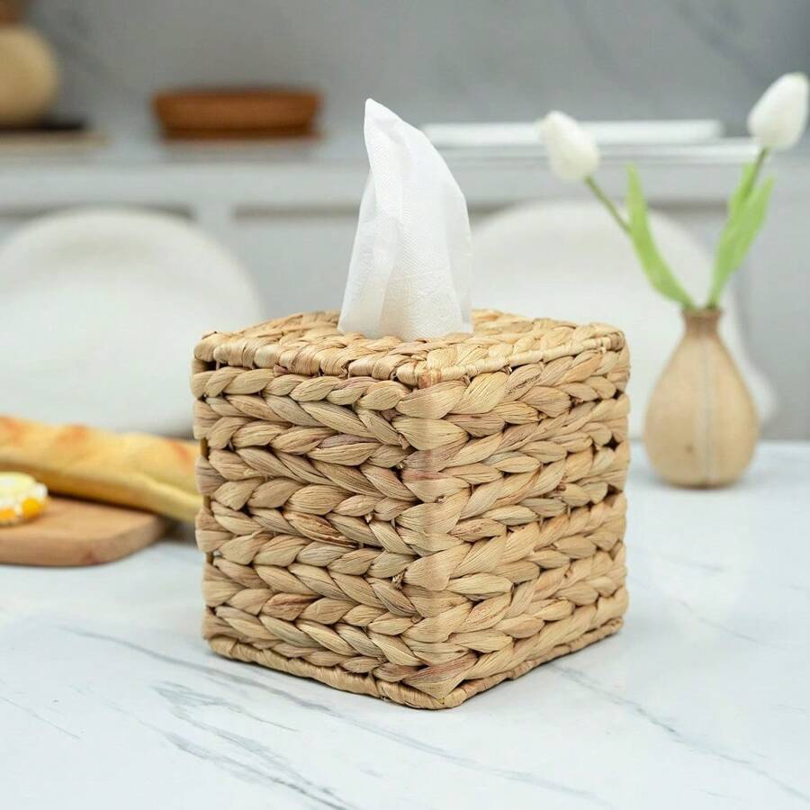 Square Tissue Box Cover- 5.7" X 5.7" X 5"- Decorative Woven Facial Tissue Holder With Hinged Top Lid- Facial Box For Home, Office,Bathrooms, Decoration (Square- Set 2)