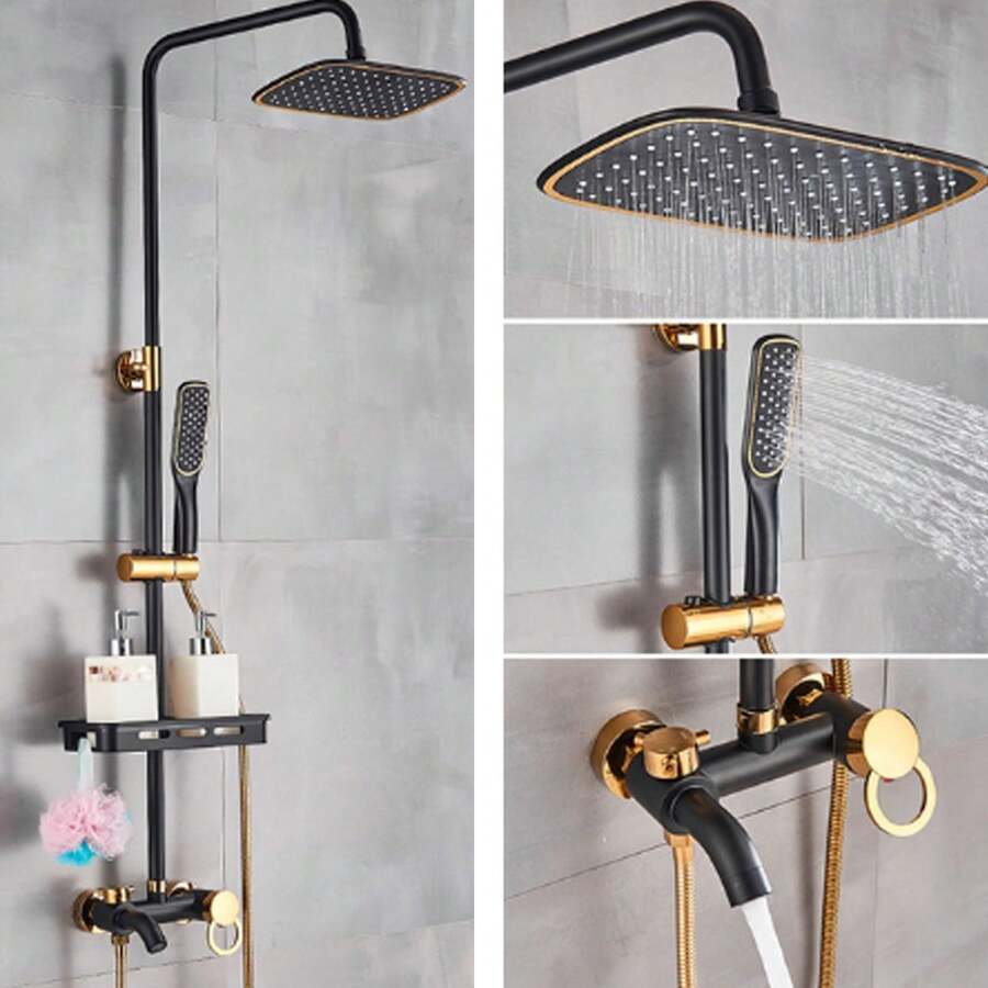 Exposed Shower Faucet System Rain Shower Head Combo 3Function Shower Fixture Set - Black&Gold - View 1