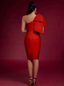 1pc Red Elegant Bandage Dress With Bowknot One Shoulder, Party Dress, Wedding Guest Cocktail Dress - Red - View 4