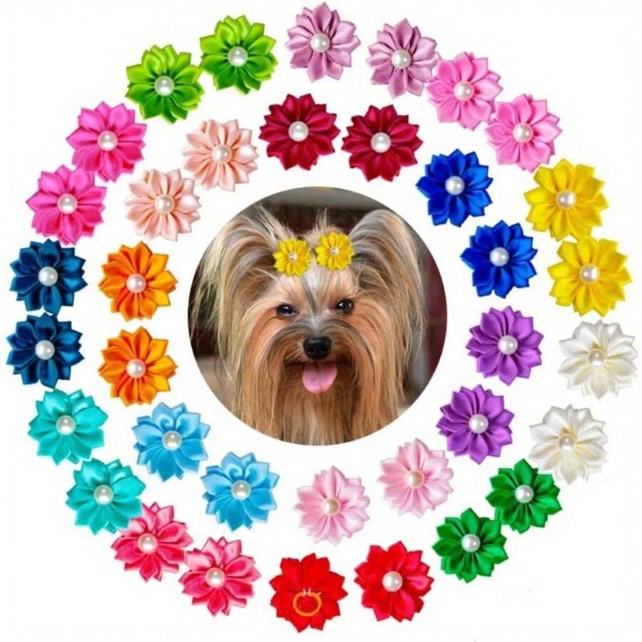 Lazo de flor para perro, paquete grande de pequeño perro, con banda de goma, surtido de lazos de perro hechos a mano mini, diadema de perro con flor de perla, adecuado para cachorros Yorkshire