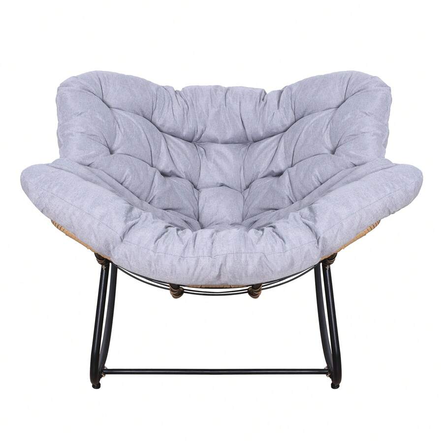 Outdoor Rattan Rocking Chair, Patio Comfy Reading Chair With Oversized Cushion, Indoor Recliner Wide Rocking Chair For Balcony, Front Porch, Garden, Living Room, Grey - Grey - View 1