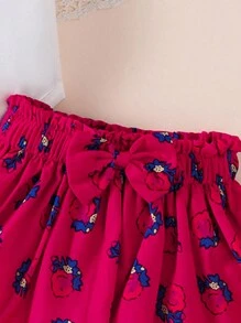 H HIBOBI 3pcs/Set Baby Girls Spring/Summer Short Sleeve Eid Mubarak Printed Romper, Skirt And Headband Set