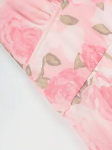 Retro Floral Print V-Neck Backless Mid-Calf Dress, Suitable For Valentine's Day, Vacation And Outing - Pink - View 3