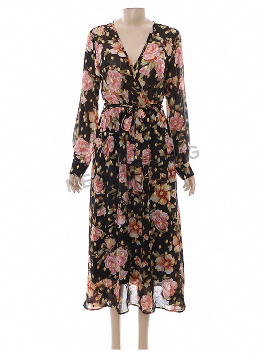 Floral Print Belted Chiffon Long Dress - Black - View 1