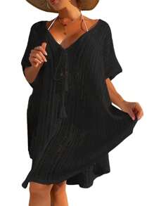 Women Summer Casual Cover Up, Solid Color Short Sleeve Hollow Out Bandage Tassel Loose Beachwear - 黑色 - 查看 2