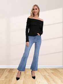 Blusa tipo strapless con hombros descubiertos con resorte en hombros de manga larga - Negro - Ver 6