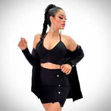FORMAL SKIRT Three-Piece Solid-Color Buttoned Jacket, Jacket, Top And Skirt - Black and White - View 2
