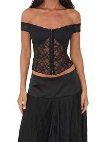 Women's Off Shoulder Lace Corset Short Sleeve Solid Color Slim Fit Bustier Tops Vintage Shirts - Black - View 1