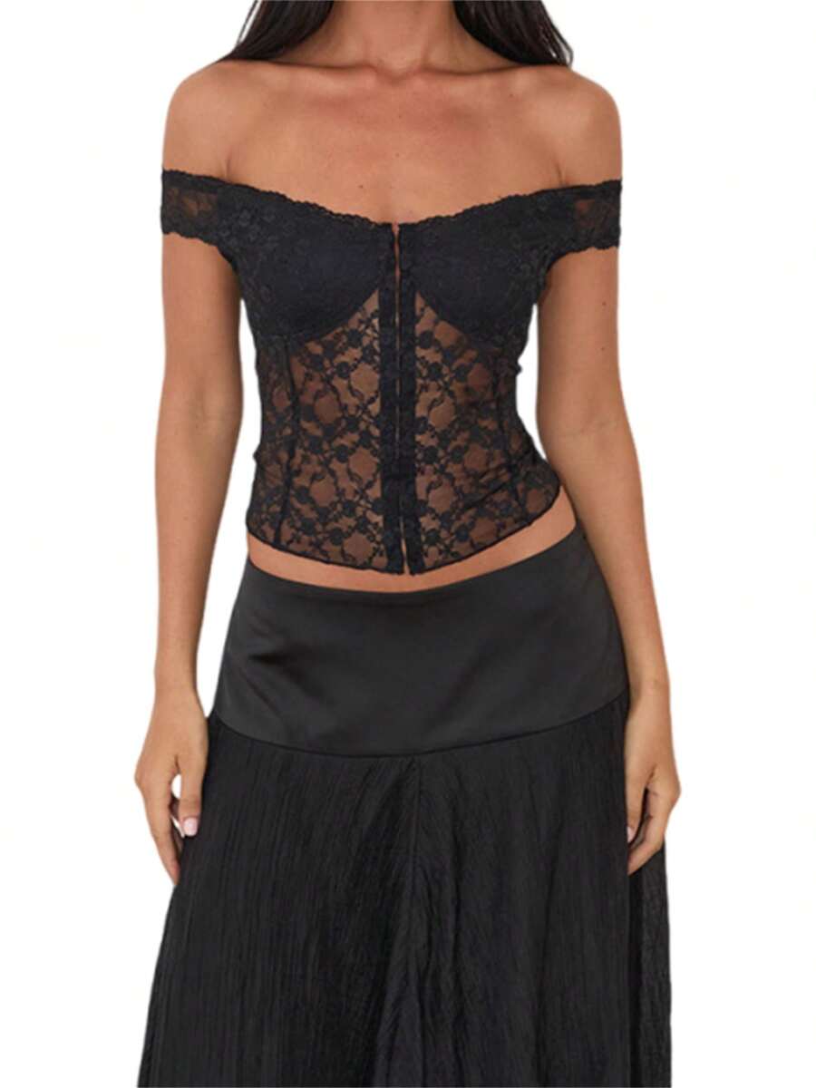 Women's Off Shoulder Lace Corset Short Sleeve Solid Color Slim Fit Bustier Tops Vintage Shirts - Black - View 1