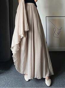 Women A-Line Long Skirt Solid Color Elastic Flowy Skirt High Waist Fold Pleated Skirt Maxi Women Outfit - Màu be - Xem 4