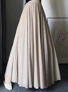 Women A-Line Long Skirt Solid Color Elastic Flowy Skirt High Waist Fold Pleated Skirt Maxi Women Outfit - Màu be - Xem 3