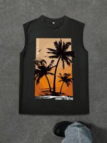 Lonblece Men's Casual Sleeveless Tank Top With Coconut Tree Scenery Print, Suitable For Daily Wear In Spring/Summer - Black - View 2