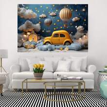 1pc Dream Sky And Balloons Birthday Party Background Banner, Polyester Material, Multi-Size, Cloud And Star Themed Photography Background, Yellow Vehicle And Hot Air Balloon, Multi-Functional Decoration For Birthdays, Baths, Cake Table, Photo Studio, No Electricity Required