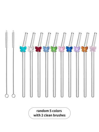 10 件蝴蝶结主题玻璃吸管，带 2 个清洁刷，可重复使用的弯曲饮用吸管，适用于家庭、咖啡馆、情人节礼物，适合女性、派对、婚礼的可爱吸管