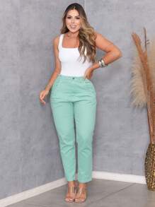 Women's Jeans With Elastic Waist And Pocket - 綠色 - 查看 7