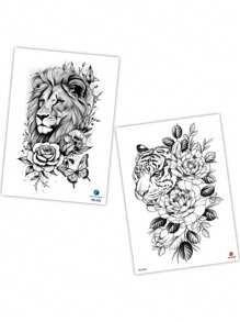 2pcs Set Black Half Arm Temporary Tattoos For Men, Animal Floral Lion Tiger Body Art Tattoo Stickers For Daily, Party, Holiday, Gift, Body Decoration, Arm, Chest, Back