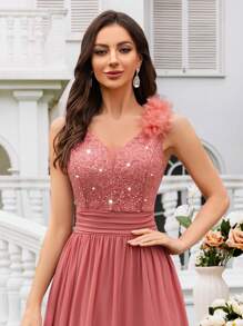 MIUSOL Sequin Floral Lace Sweetheart Neck Sleeveless Ruffle Chiffon Slit Maxi Formal Party Dress, Formal Evening Gown, Suitable For Wedding Guest, Graduation Ceremony, Gala And Other Occasions - Dusty Pink - View 8