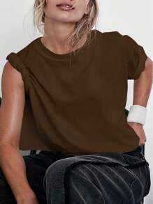 Women's Comfy Workout Gym Short Sleeve Crop Tops Casual Loose Oversized T-Shirts - Brown - View 1