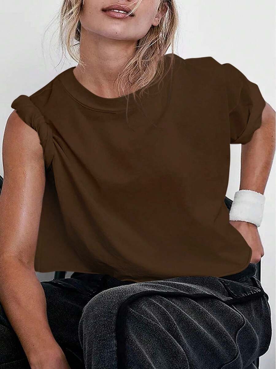 Women's Comfy Workout Gym Short Sleeve Crop Tops Casual Loose Oversized T-Shirts - Brown - View 1
