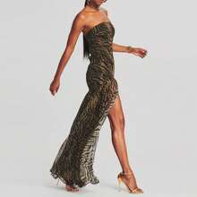 Vestido largo de mujer de tipo top tubo, sin tirantes, sin espalda, con parches de malla, estampado de leopardo, con abertura alta, vestido largo para fiesta, club nocturno y ropa de fiesta