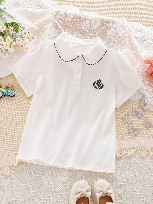 Camiseta de manga curta para meninas, elegante gola Peter Pan bordada em estilo escolar, blusa casual para bebês e meninas pequenas, camisa polo infantil de verão